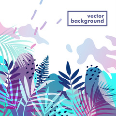 Naklejka premium Tropical background in trendy style with palm leaves and memphis elements. Vector illustration for banner, greeting card, poster and advertising.