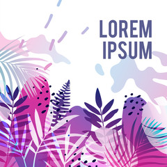 Tropical background in trendy style with palm leaves and memphis elements. Vector illustration for banner, greeting card, poster and advertising.
