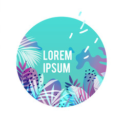 Spring background with palm leaves and memphis elements. Vector illustration.