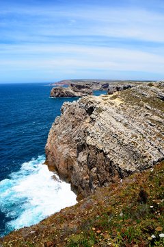 View along the rugged coastline with ocean views, Cape St Vincent, Algarve, Portugal.