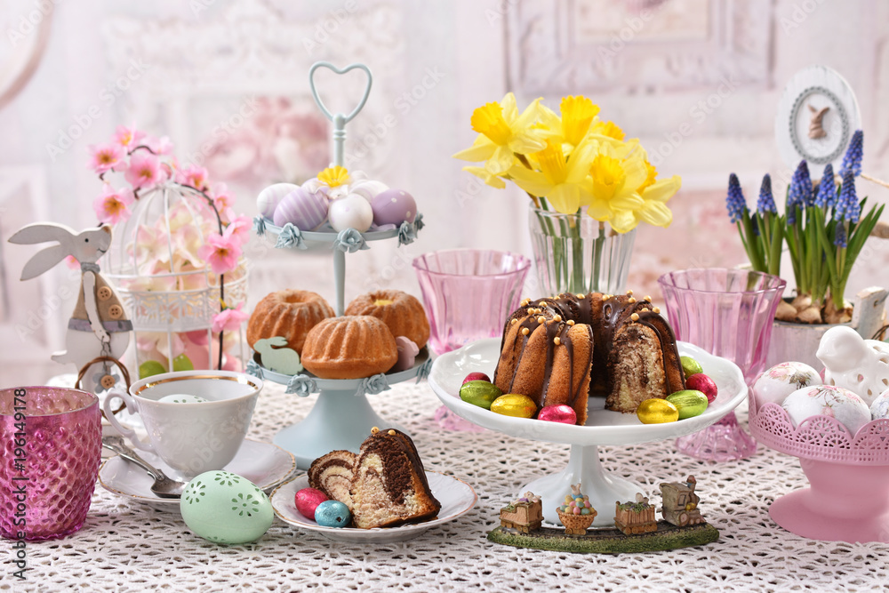 Sticker easter traditional cakes on festive table