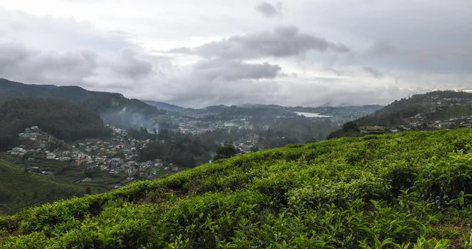 Nuwara Eliya city with tea plantations and cloudy weather timelapse