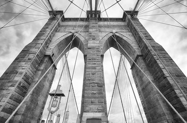 Looking up at the Brooklyn Bridge, New York City, USA.