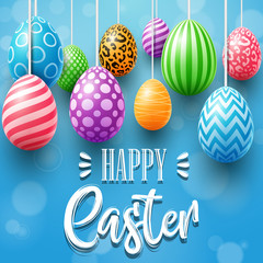 Colorful easter eggs decorated on blue background