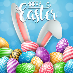 Easter greeting card with bunny ears and colorful eggs on blue background