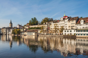 Historic buildings of the city of Zurich along the Limmat river