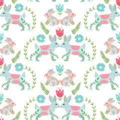 Easter concept seamless pattern. Cute folk rabbits in flowers. Seamless pattern.