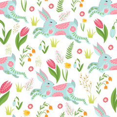 Obraz premium Easter concept seamless pattern. Cute rabbits in flowers. Seamless pattern.