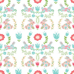 Easter concept seamless pattern. Cute folk rabbits in flowers. Seamless pattern.