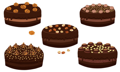 Set of chocolate cake with nuts. Dessert close-up.  Chocolate cake whole with nuts and cream isolated on white background. Vector illustration.