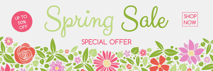 Concept of a header with colorful flowers for Spring Sale. Vector.