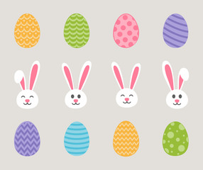 Colorful Easter icons. Collection with bunnies and eggs. Vector.