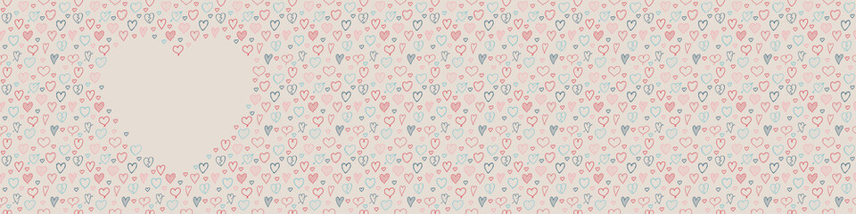 Colorful banner with hand drawn hearts. Vector.