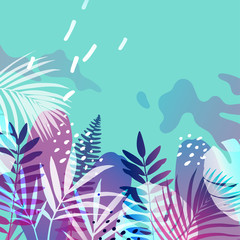 Naklejka na ściany i meble Bright tropical background with jungle plants. Exotic pattern with palm leaves and memphis elements. Vector illustration.