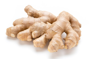 Ginger bio and lemon on white background.