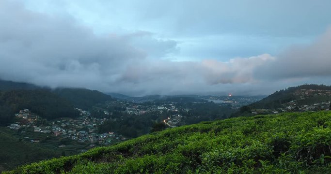 Nuwara Eliya city with tea plantations and cloudy weather timelapse during twilight