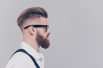Profile half-faced side view portrait of serious confident concentrated attractive manager with...