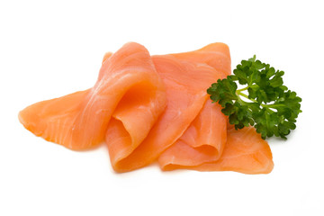 Fresh salmon slice and spice on the white background.