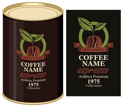 Fototapeta A tin can with black label for coffee beans. Vector label for coffee with coffee bean and inscription and tin can with this label.