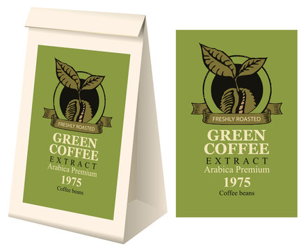 Fototapeta Paper packaging with label for green coffee extract. Vector label for green coffee with coffee bean and inscription and 3d paper package with this label.