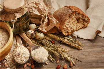 Fresh bread on the village table. Ingredients.