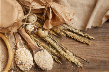 Fresh bread on the village table. Ingredients.