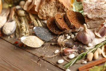 Fresh bread on the village table. Ingredients.