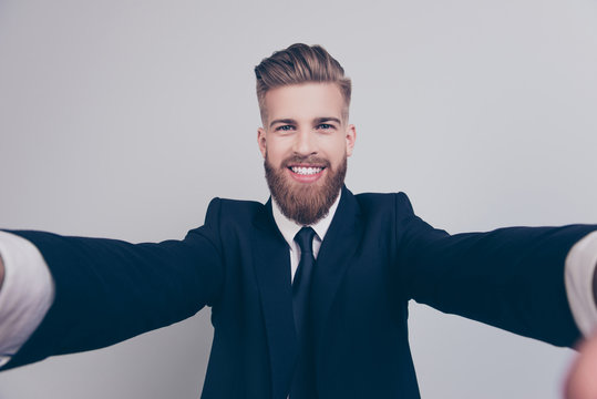 Internet Connection People Leader Happiness Concept. First Day At New Place Of Working. Close Up Portrait Of Funky Funny Cheerful Excited With Stylish Hairdo Guy Taking Selfie Isolated Gray Background