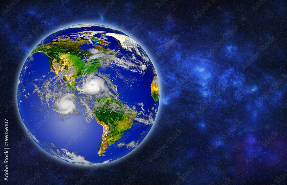 Wall mural earth globe with hurricanes, view from space, 3d rendering. elements of this image furnished by nasa