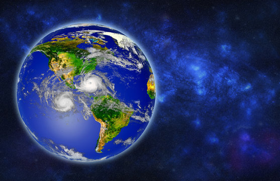 Earth globe with hurricanes, view from space, 3D rendering. Elements of this image furnished by NASA