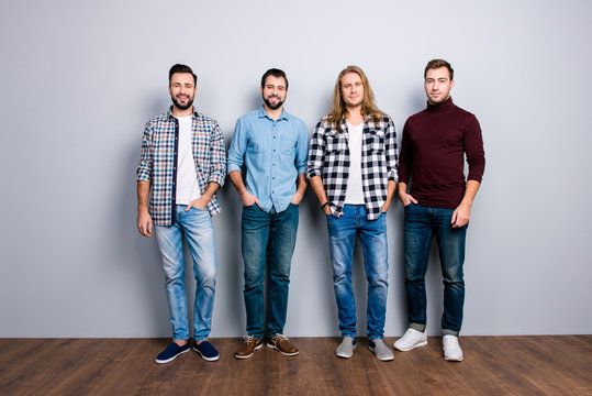 Community meeting colleagues classmates adults leadership authority concept.  Full-length full-size portrait of cheerful handsome mature guys, denim checkered clothes shoes isolated on gray background