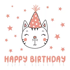 Zelfklevend Fotobehang Hand drawn vector portrait of a cute funny cat in party hat, with text Happy Birthday. Isolated objects on white background. Vector illustration. Design concept for children, party, celebration, card. © Maria Skrigan