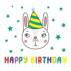 Zelfklevend Fotobehang Hand drawn vector portrait of a cute funny cat in party hat, with text Happy Birthday. Isolated objects on white background. Vector illustration. Design concept for children, party, celebration, card. © Maria Skrigan