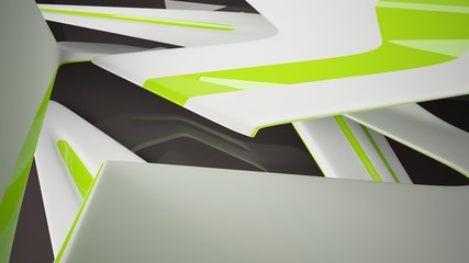 Abstract dynamic black interior with white and green smooth objects. 3D illustration and rendering