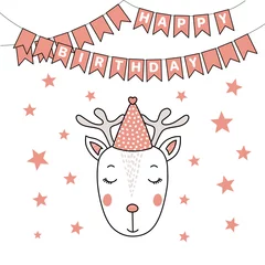 Poster Hand drawn vector portrait of a cute funny deer in party hat, with text Happy Birthday. Isolated objects on white background. Vector illustration. Design concept for children, party, celebration, card © Maria Skrigan