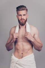 Vertical portrait of handsome neat serious attractive stunning sportive sexy muscular man with...