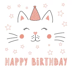 Poster Hand drawn vector portrait of a cute funny cat in party hat, with text Happy Birthday. Isolated objects on white background. Vector illustration. Design concept for children, party, celebration, card. © Maria Skrigan