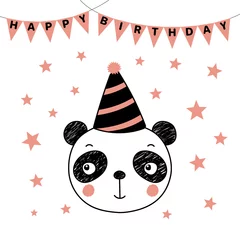 Tuinposter Hand drawn vector portrait of a cute funny panda in party hat, with text Happy Birthday. Isolated objects on white background. Vector illustration. Design concept for kids, party, celebration, card. © Maria Skrigan