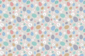 Seamless pattern with white bunnies and colorful eggs. Vector.