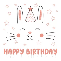 Tuinposter Hand drawn vector portrait of a cute funny cat in party hat, with text Happy Birthday. Isolated objects on white background. Vector illustration. Design concept for children, party, celebration, card. © Maria Skrigan