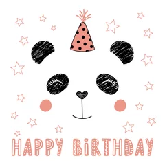 Sierkussen Hand drawn vector portrait of a cute funny panda in party hat, with text Happy Birthday. Isolated objects on white background. Vector illustration. Design concept for kids, party, celebration, card. © Maria Skrigan
