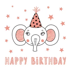 Poster Hand drawn vector portrait of a cute funny elephant in party hat, with text Happy Birthday. Isolated objects on white background. Vector illustration. Design concept for kids, party, celebration, card © Maria Skrigan