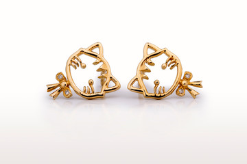 Beautiful Cute Baby & Kids earrings Jewelry with the cat design and a bow tie in yellow gold and...