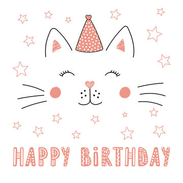 Hand drawn vector portrait of a cute funny cat in party hat, with text Happy Birthday. Isolated objects on white background. Vector illustration. Design concept for children, party, celebration, card.