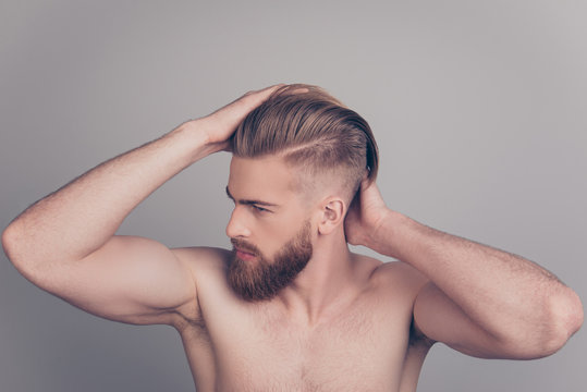 Top above overhead view photo of attractive handsome serious stunning satisfied focused guy demonstrating his ideal perfect haircut touching with hands isolated on gray background