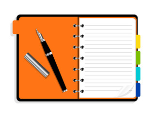 Open notebook with spiral and bookmarks and pen on a white background.