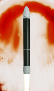 Superheavy thermonuclear armed intercontinental ballistic missile rocket in the background of a cloud of explosion