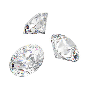 3D illustration isolated three white round diamonds stones
