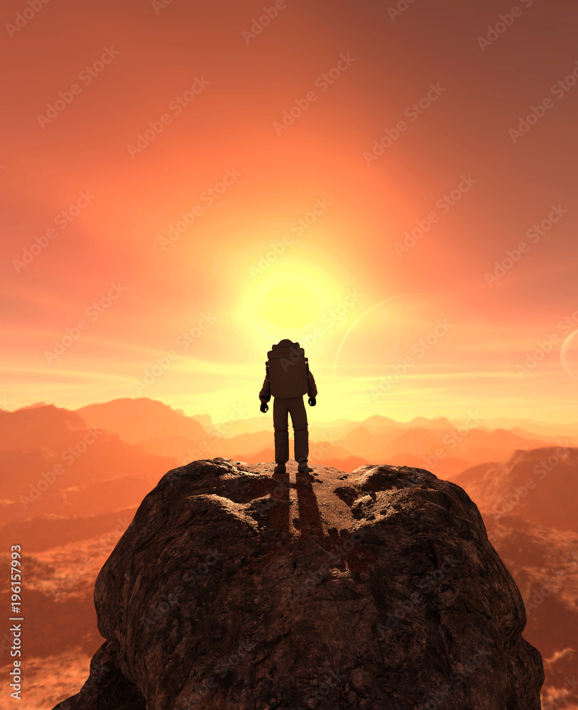 Wall mural astronaut enter into derelict planet or doing some exploration on a new planet he discover,3d render