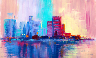 Abstract oil painting cityscape, with skyscrapers against a  sunset.